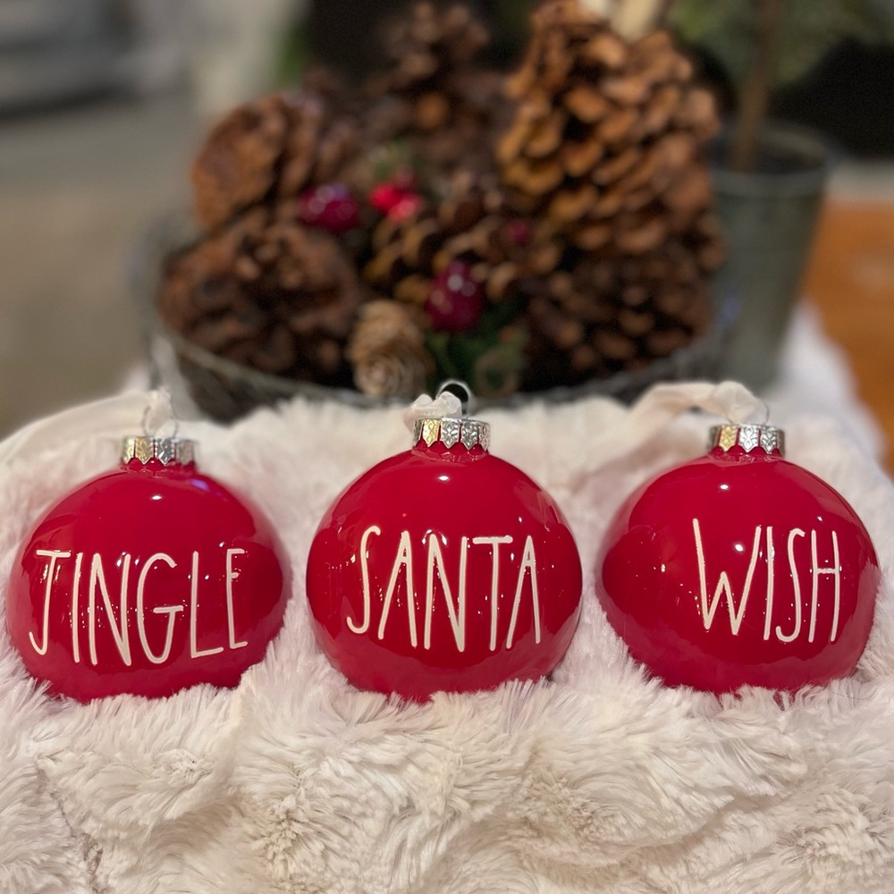 RAE DUNN by Magenta "JINGLE, SANTA, WISH” Christmas Ornament Set of 3